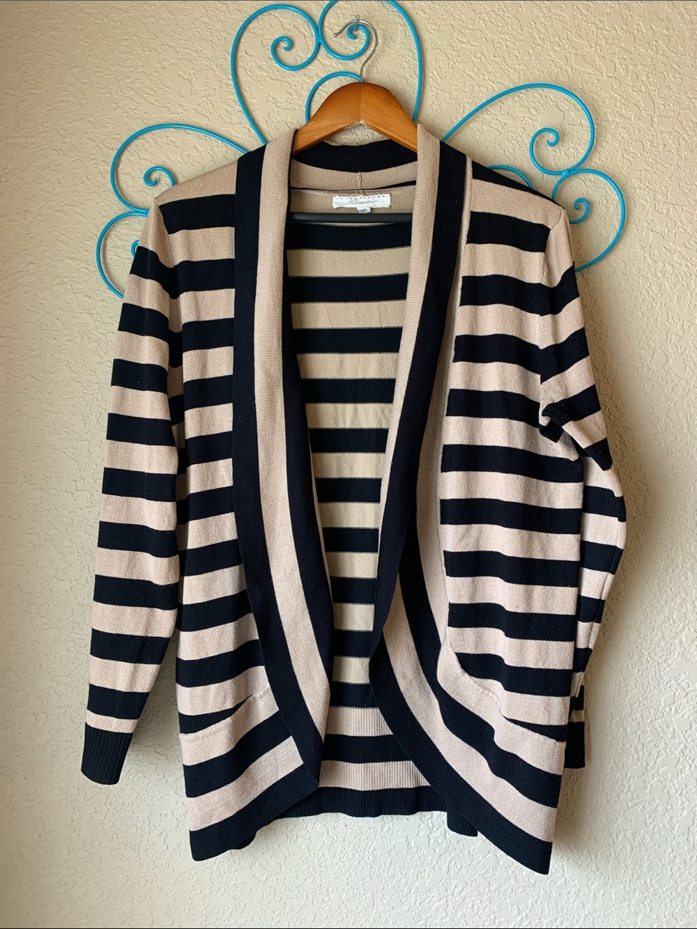 Pointelle Striped Open-Front Cardigan - Black and Beige